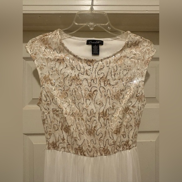 Sequin Sleeveless Dress in Cream and Gold and Chiffon Bottom - Picture 3 of 10